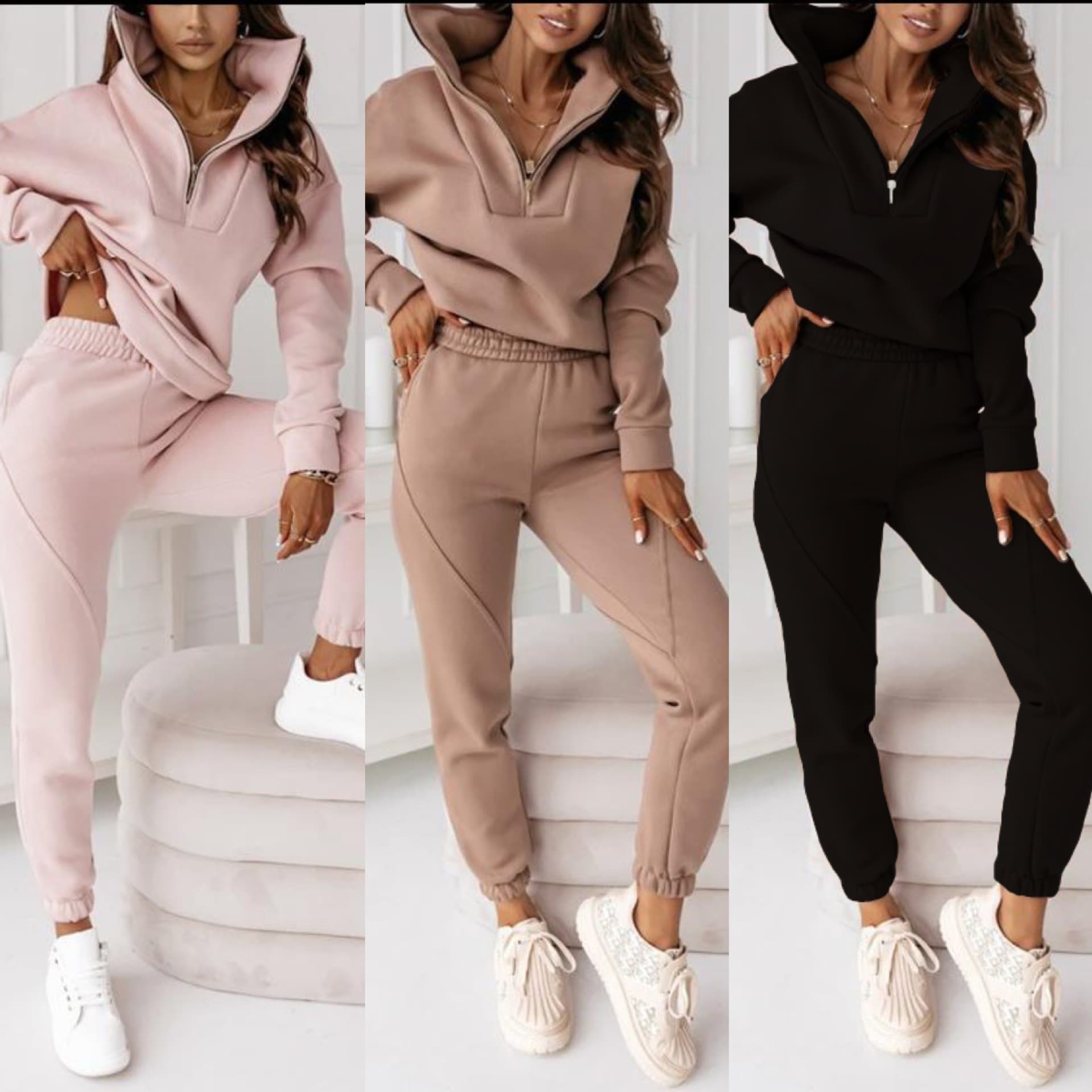 Women's Hoodie Stand Collar Zipper Jacket Patchwork Pants Suit