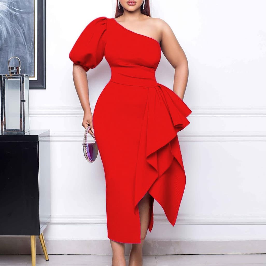 Women's clothing oblique collar slit ruffled dress skirt sexy