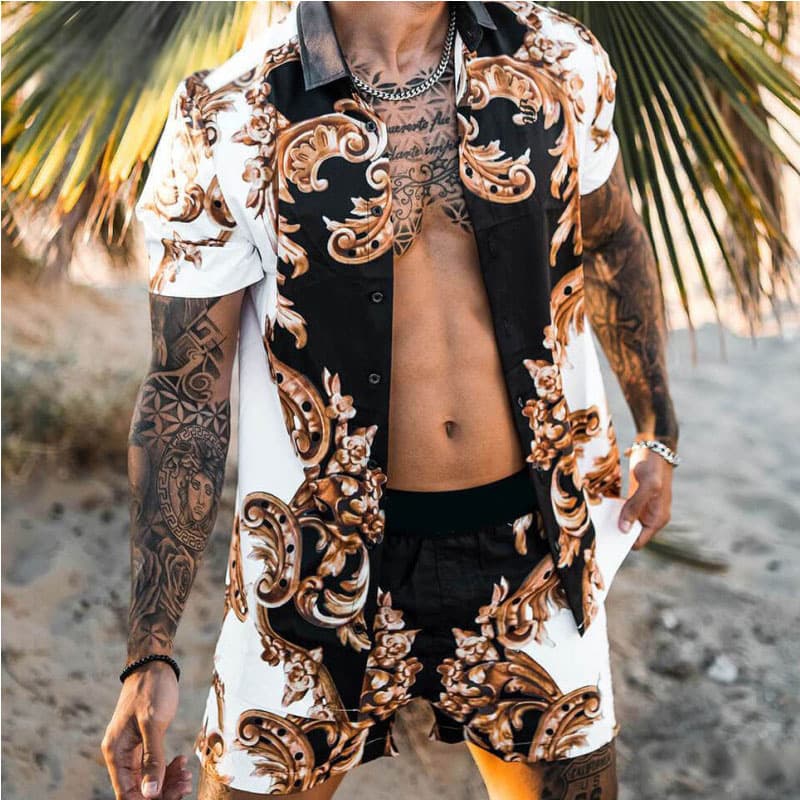 Men's Summer Beach Style Loose Fitting Shirt Hawaii Casual Men's Printed Two-piece Set