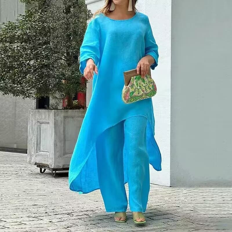 Women's clothing cotton and linen fashion casual large size irregular long-sleeved suit wide-leg pants two-piece set