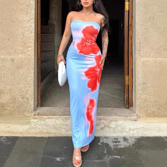 Women's Clothing New Sexy Hot Girl Tube Top Print Hip Slit Dress