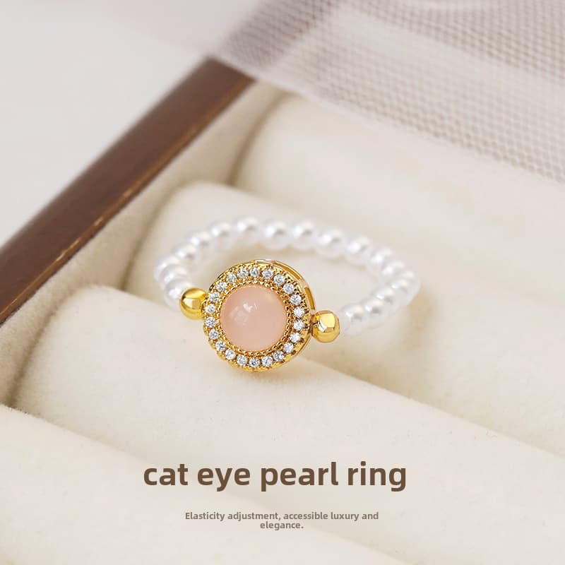 2024 New Powder Stone Ring Small Sweet Potato Explosions High Color Value Pearl Elastic Ring Niche Design