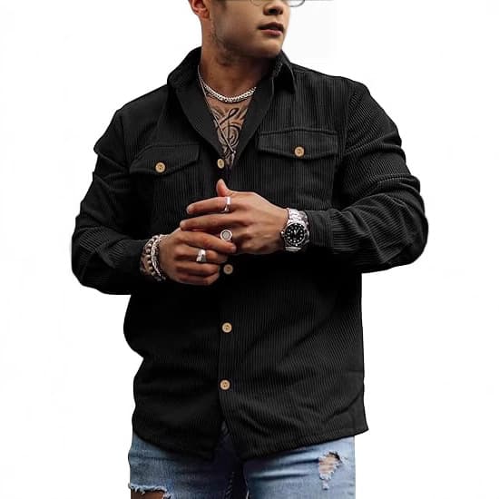 Men's Corduroy Button Jacket Long Sleeve Striped Casual Retro Double Pocket Work Tops Shirt