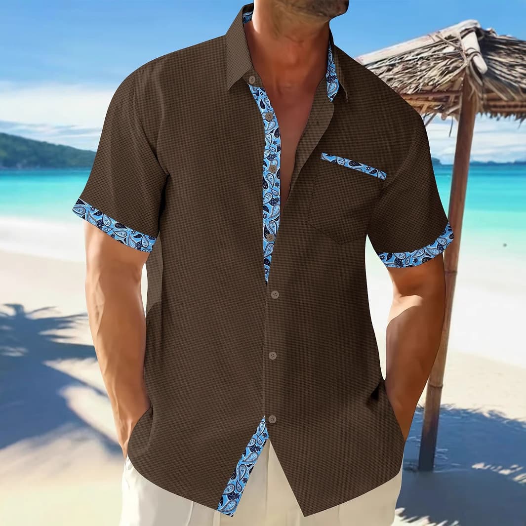 Men's Hawaiian Beach Vacation Shirt Short Sleeved Cardigan Shirt Lapel Lace Casual Shirt