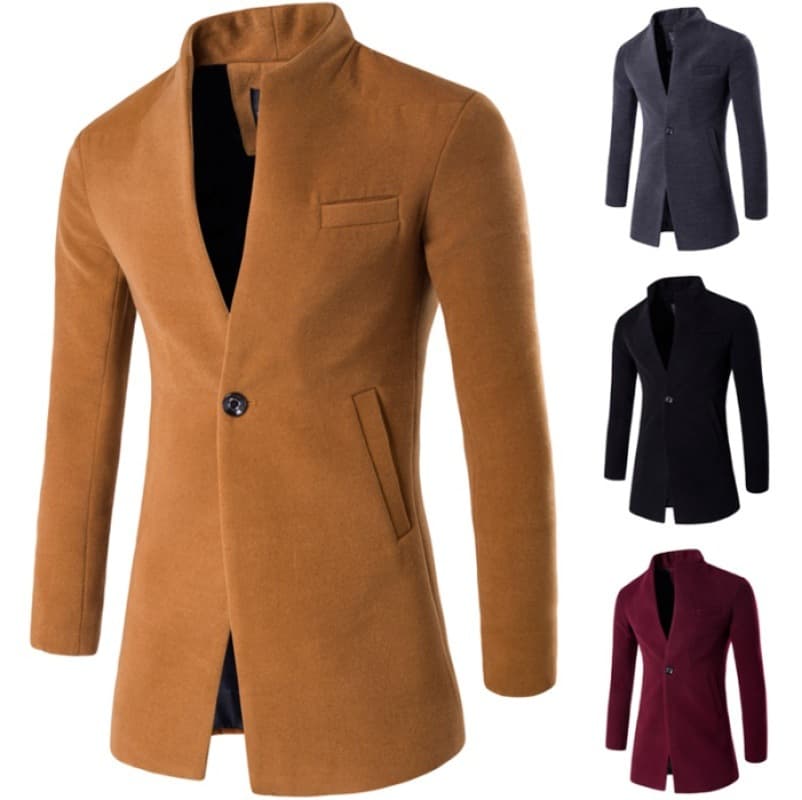 2025 New Large Men's Solid Color Single Button Trench Coat Casual European Size Woolen Texture