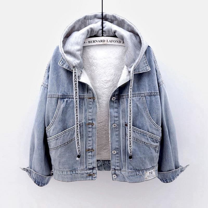 Women's Clothing Denim plus velvet jacket hooded warm lambskin cotton jacket thick short cotton coat
