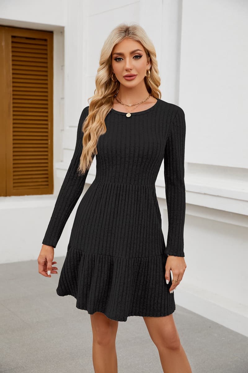 Women's Clothing Hot Selling Round Neck Pocket Casual Knee Length Sweater Long Sleeved Dress