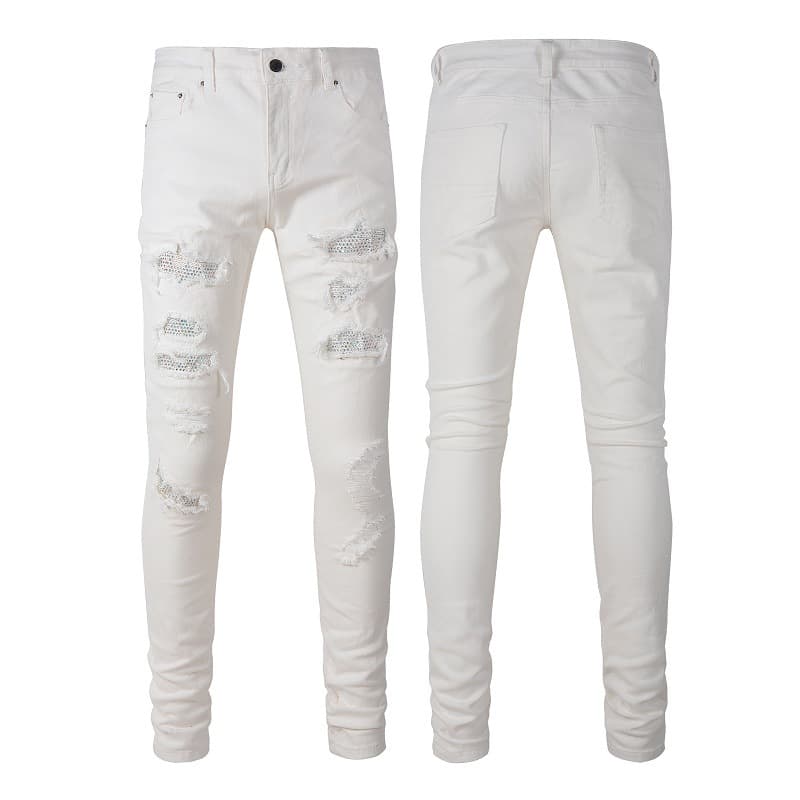 Cross Border European And American Street White Jeans Men's Trendy Brand Patch Holes Handsome Elastic Slim Fit Skinny Pants Foreign Trade