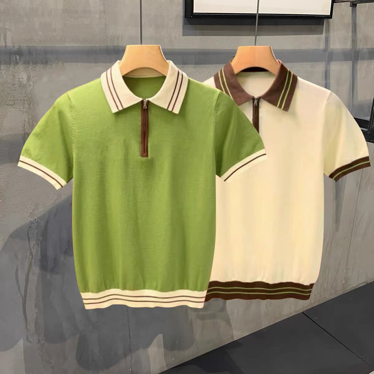Men's Clothing Fashionable heterochromatic stitching ribbed knitted polo shirt for men romantic personality fluorescent green men's short T shirt