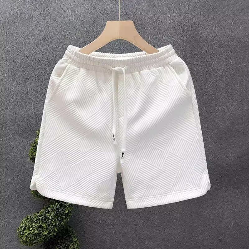 Trendy Men's Patterned Shorts Summer 2026 High End Style Black Beige Gray Casual Loose Fit mid Waist Drawstring Baggy Pants