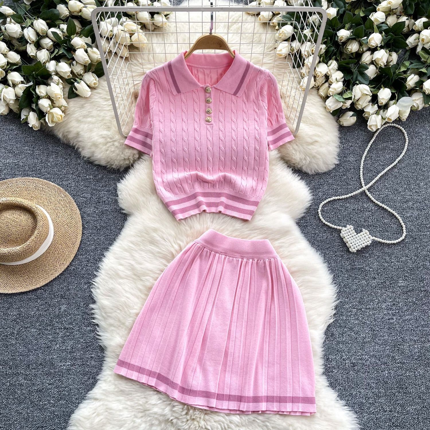 Summer New All Match Knit Sweater Two Piece Suit For Women Retro Contrast Color Short Sleeve Top High Waist Pleated Skirt