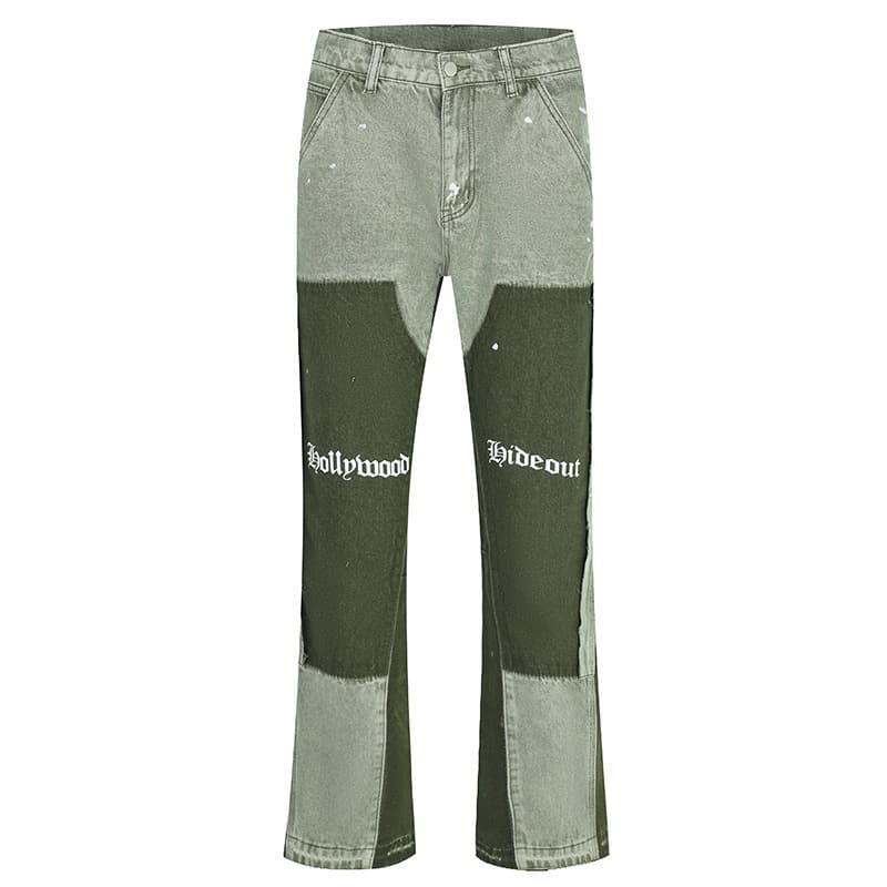 Men's Clothing high street heavy industry washed jeans retro lumberjack splicing bell bottoms men's trendy vibe style