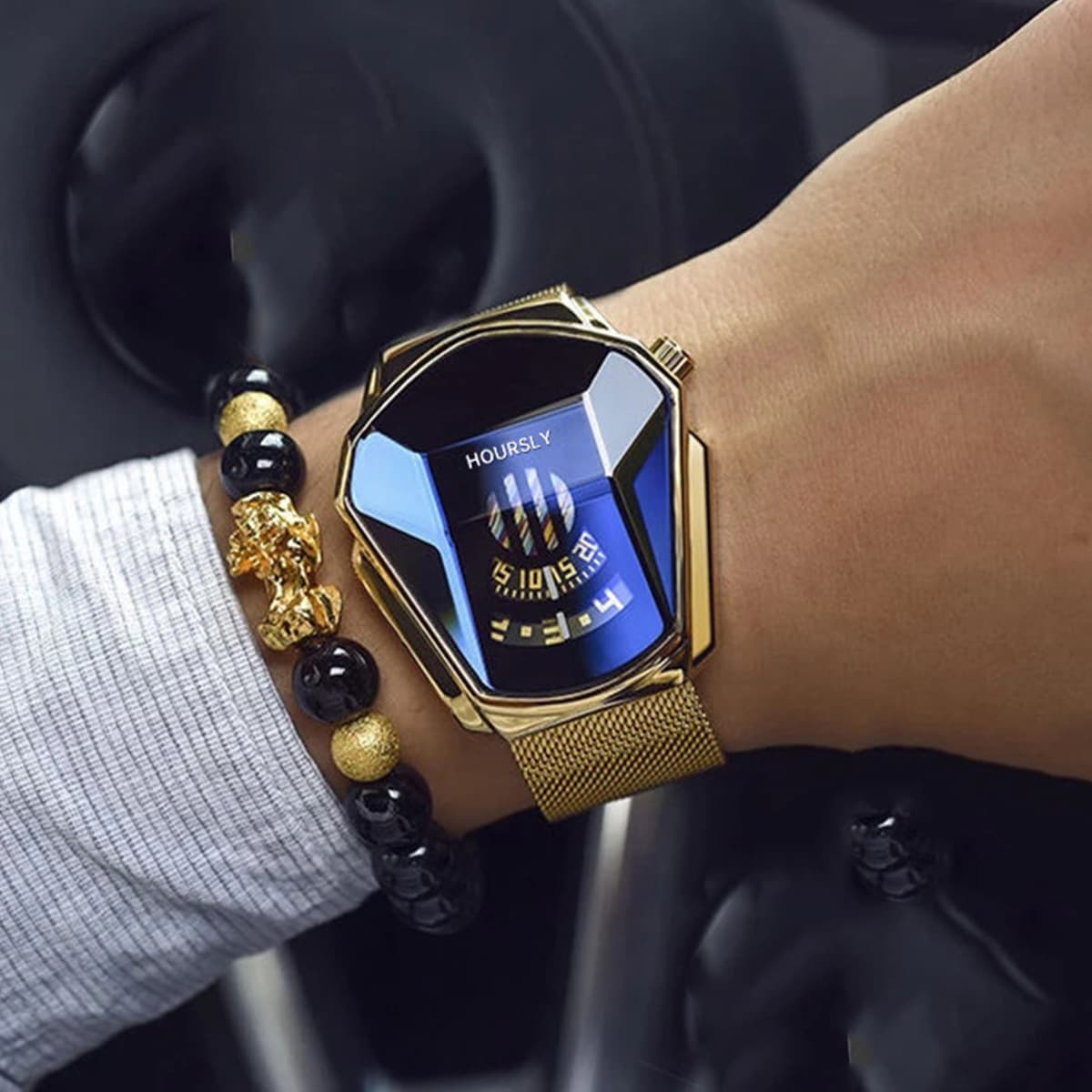 Men's watch set Creative snake head blue light glass Turntable steel watch + Pixiu beaded bracelet set 2