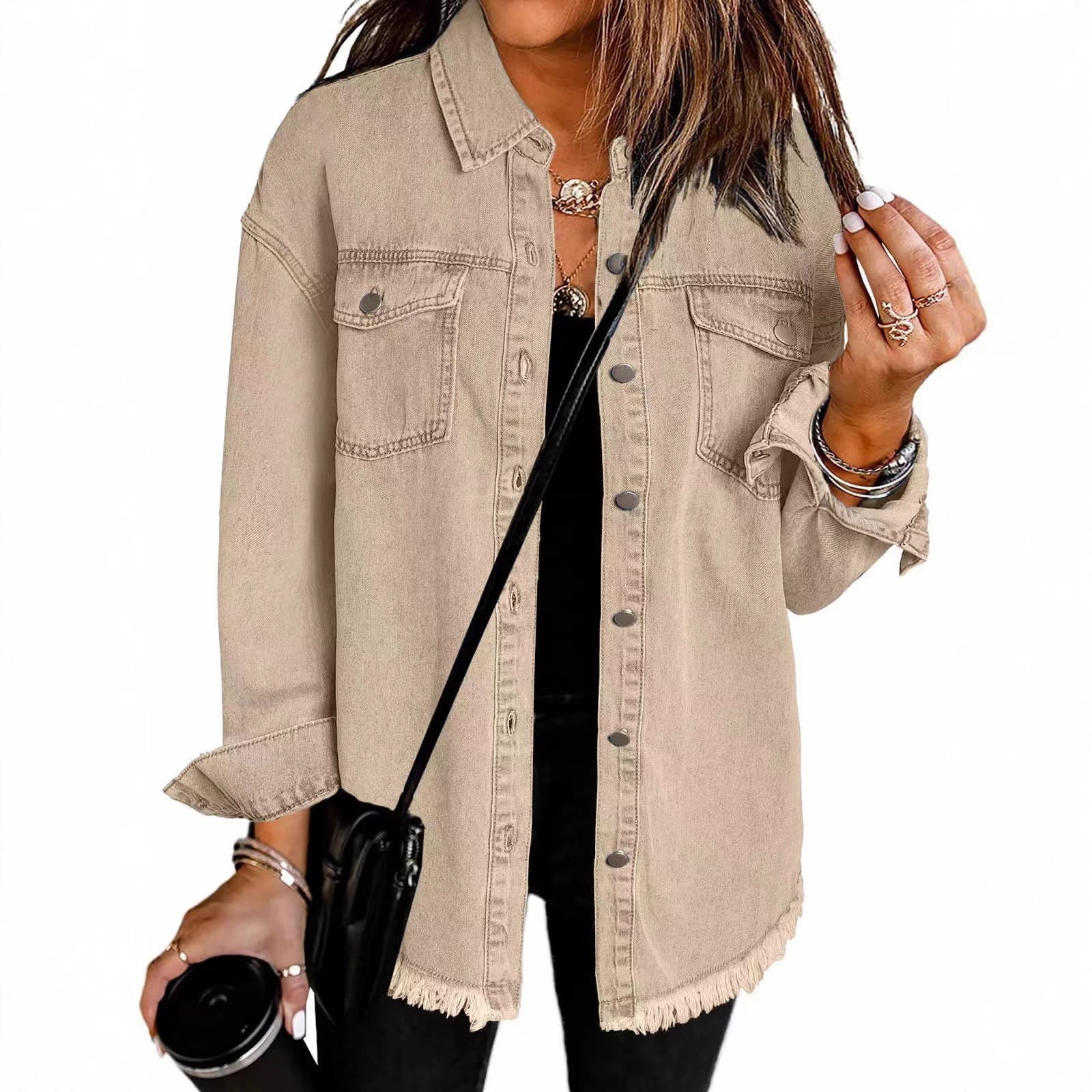 ​​Women's Distressed Denim Shirt Jacket - Oversized Streetwear Style With Raw Hem Detail (15 Colors, S-2XL)​​