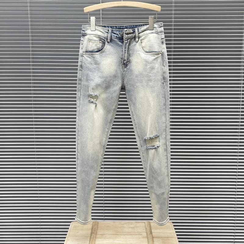 Men's Fashion All-Match Light Blue Ripped Jeans Men's Style Slim-Fit Skinny Pants Washed Elastic Nine-Point Pants