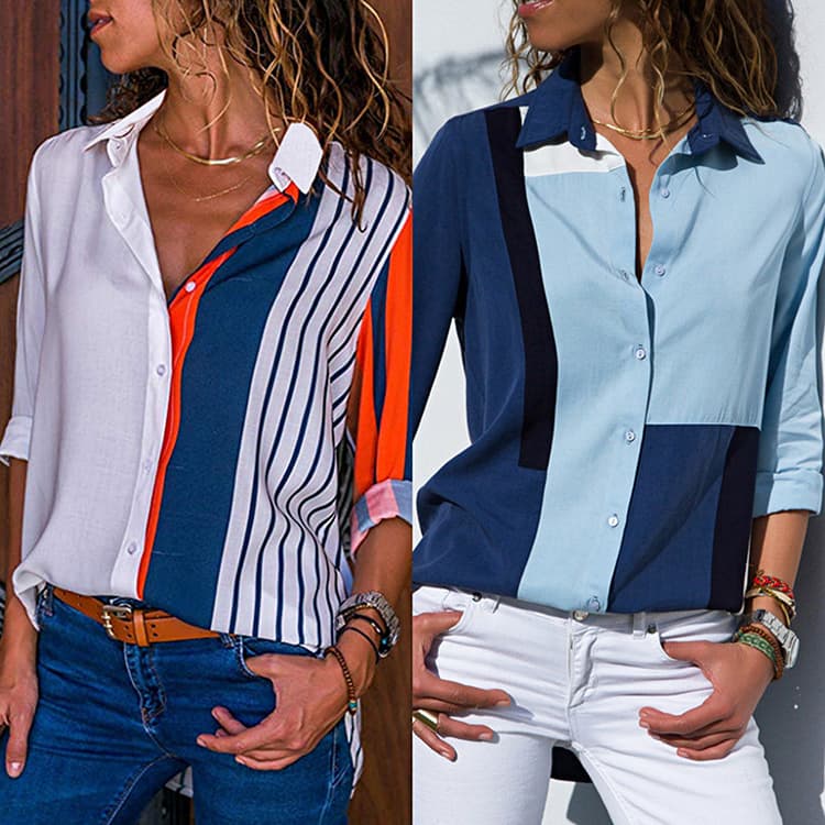 Women's Casual Printed V-neck Long Sleeve Chiffon Shirt Top