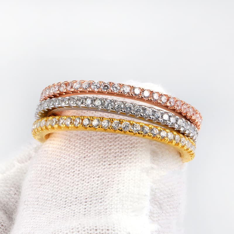 Elegant Cubic Zirconia Trio Ring Set, 18K Gold Plated Stackable Wedding Bands, Geometric Fine Jewelry For Women