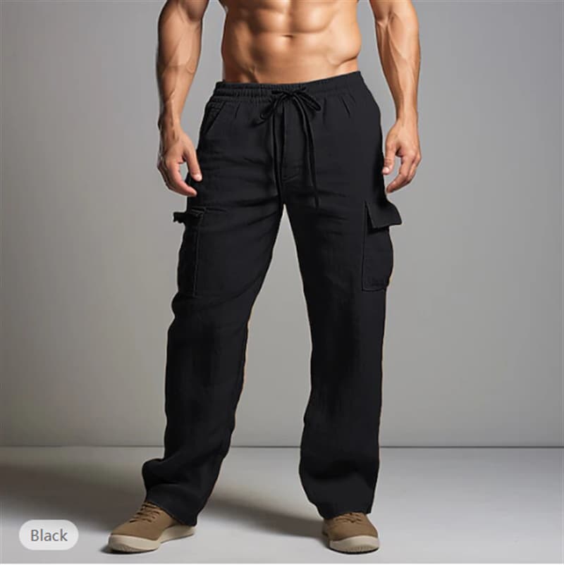 Men's Clothing New Cotton And Linen Trousers Drawstring Elastic Waist Straight Leg Solid Color Breathable Daily Casual Mid Length Trousers