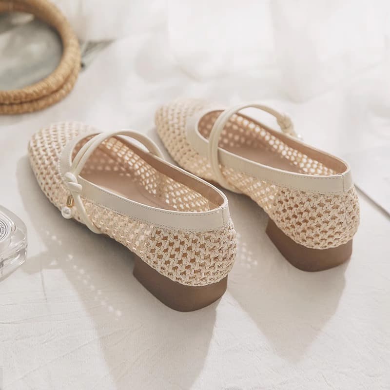 Soft Leather Version~Slip-on Summer Mary Jane Shoes, Women's Woven Hollow French-style Small Flats, 2025 New Model