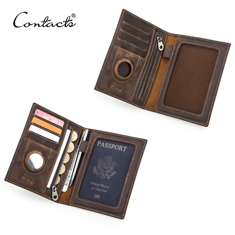 CONTACT'S Genuine Leather Card Holder Coin AirTag Slot Men Travel Wallet Women‘s Purse Passport Cover Bag