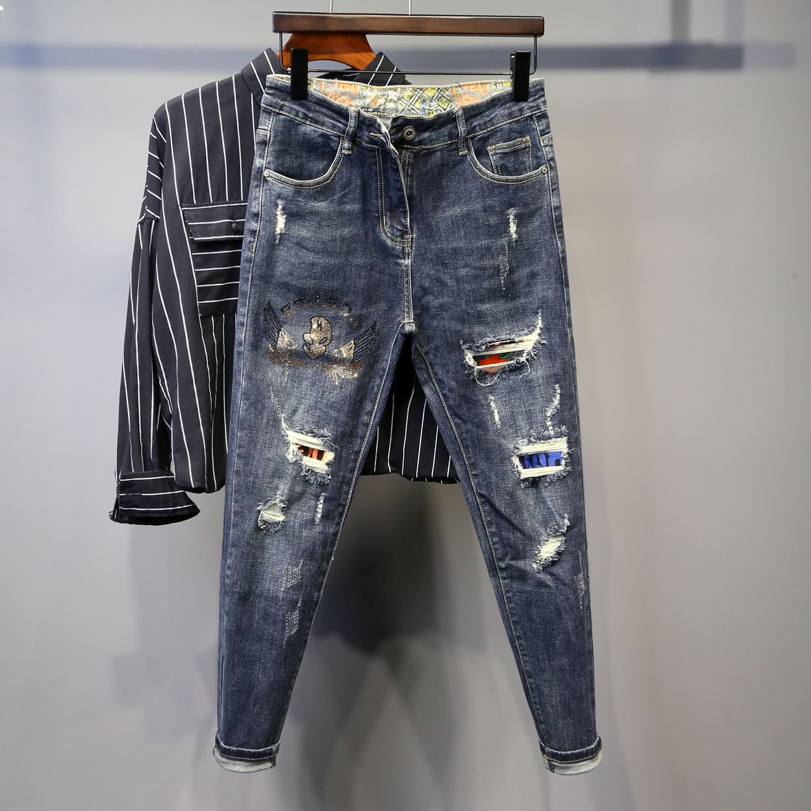 Men's Clothing Jeans New Korean Style Slim Fit Ripped Nine-point Pants Men's Trendy Brand Elastic Versatile Slim Fit Skinny Pants Trendy Trousers