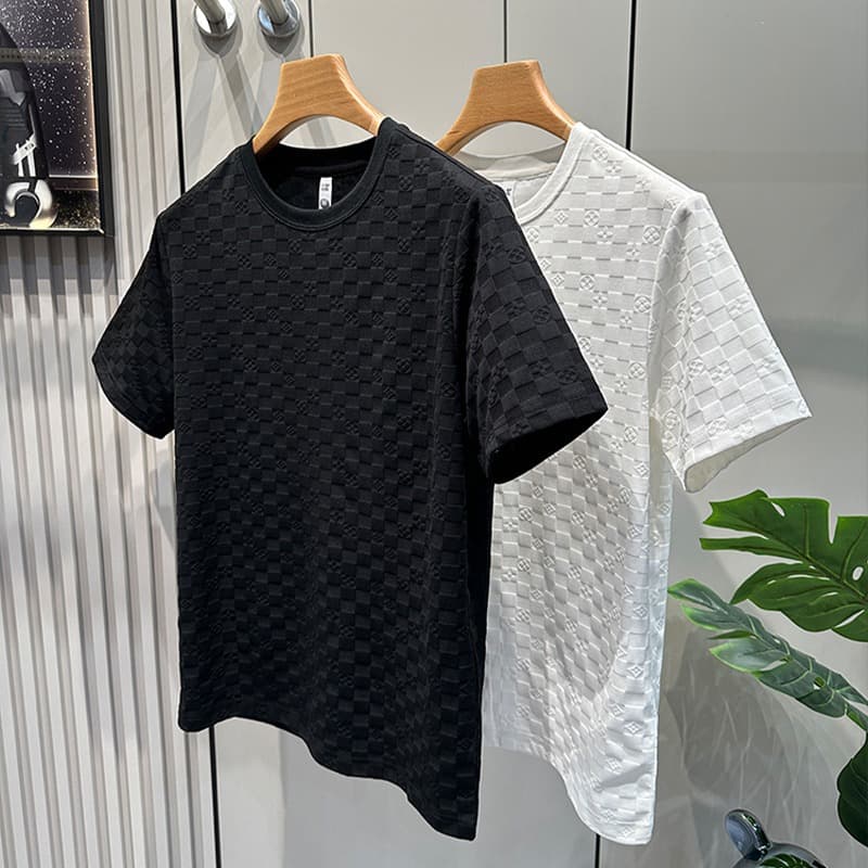 Men's Clothing Men's Plaid Short Sleeve T-Shirt Light Luxury Style Solid Color Casual Round Neck Ice Silk Top Summer