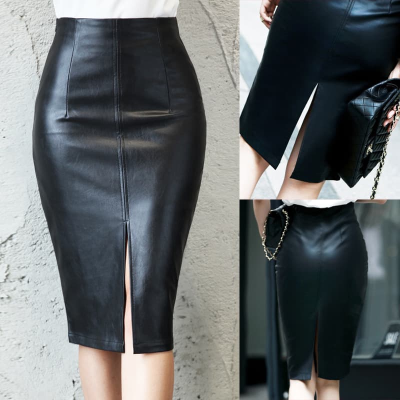 Women's Clothing Temperament High Waist Slit Women's Half Pu Leather Skirt Cover Hip Skirt