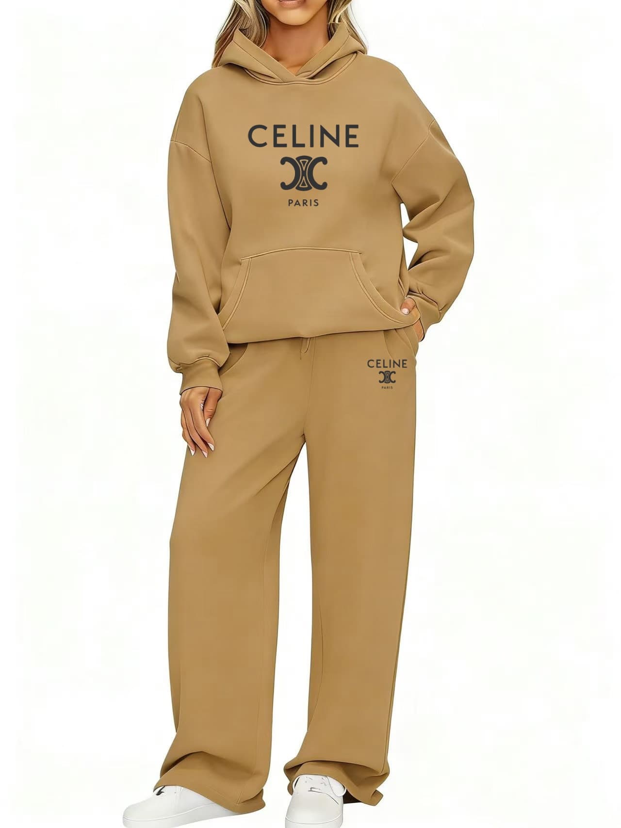 Ensemble de survêtement femme à capuche et pantalon de jogging, tenue décontractée, manches longues, style streetwear.