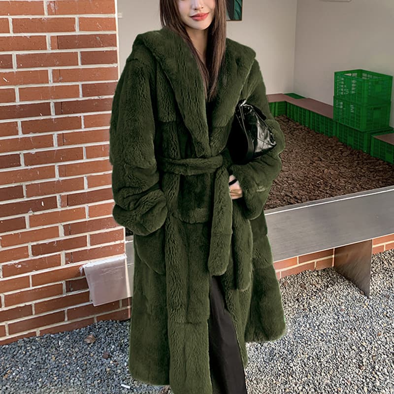 Women's Clothing fashion fur coat with hooded casual coat with waist and temperament to cover the belly