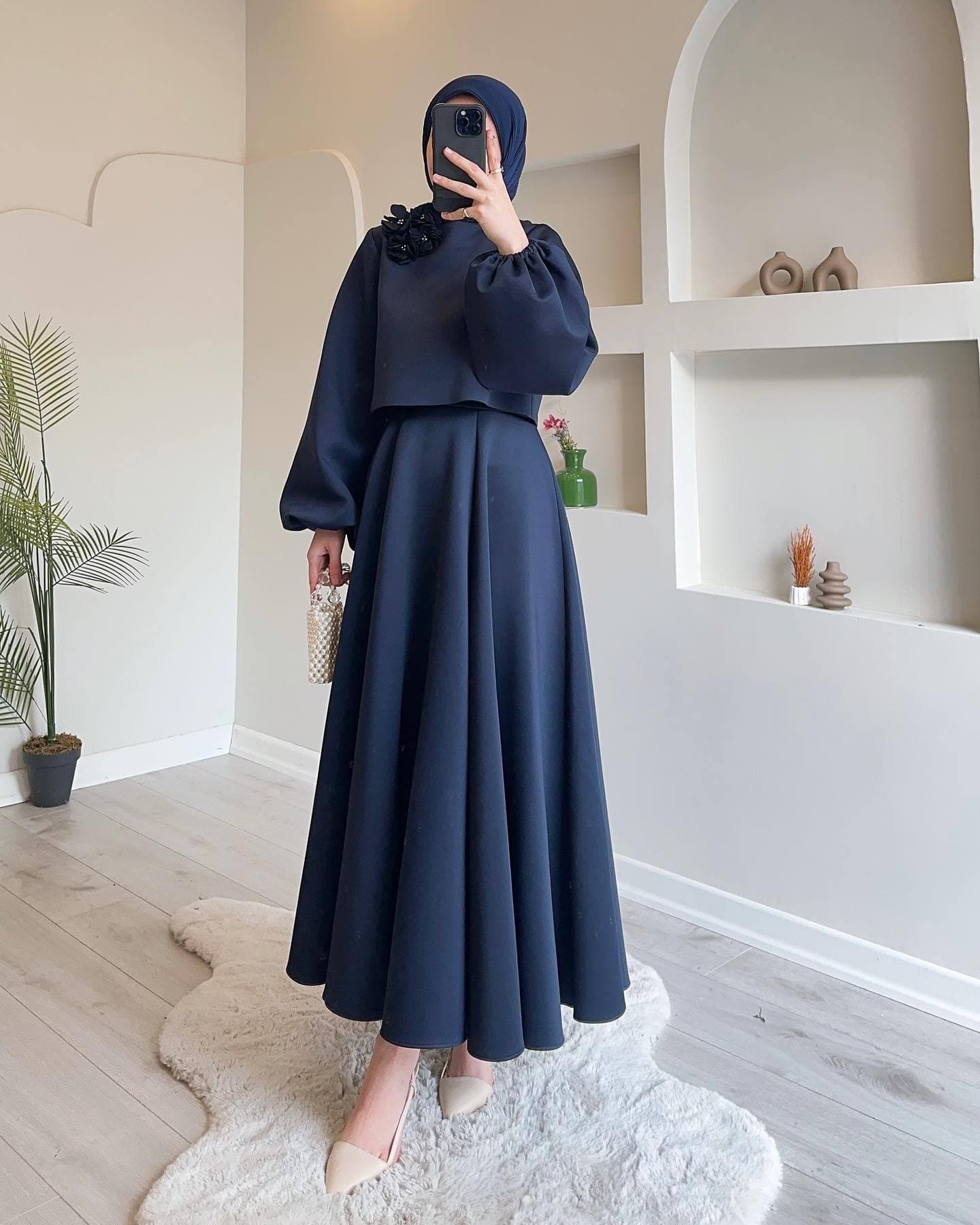 Middle East Dubai Spot 2024 New Fashion Loose Lantern Long Sleeved Flower Top Dress Women's Skirt Two Piece Set