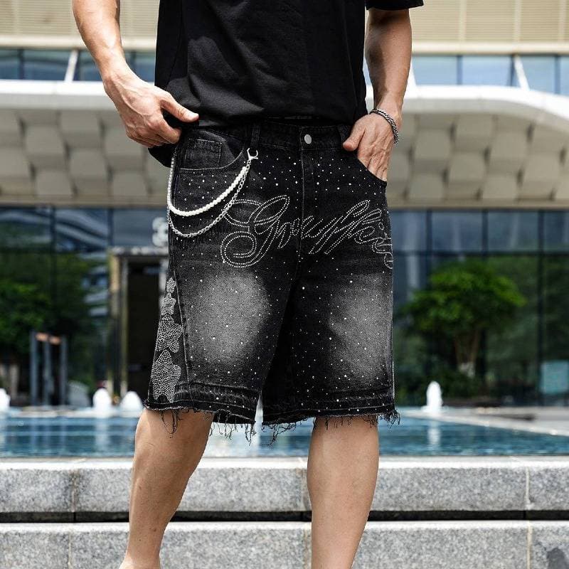 Men's Size Summer Denim Shorts Street Style Mid Length Rhinestone Five Point Hot Fix Casual Pants