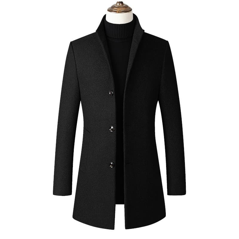 autumn and winter men's mid-length single-breasted windbreaker solid color simple stand-up collar woolen material coat