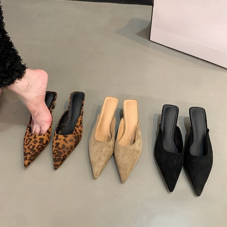 Leopard Print Kitten Heel Elegant French Style Closed-Toe Mules Women's Shoes For Outdoor Wear 2024 Autumn New Pointed