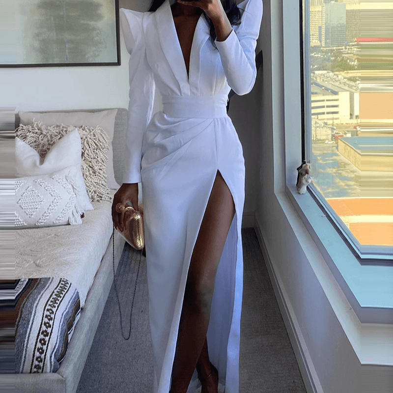 Women's white wide shoulder waist high slit fashion dress