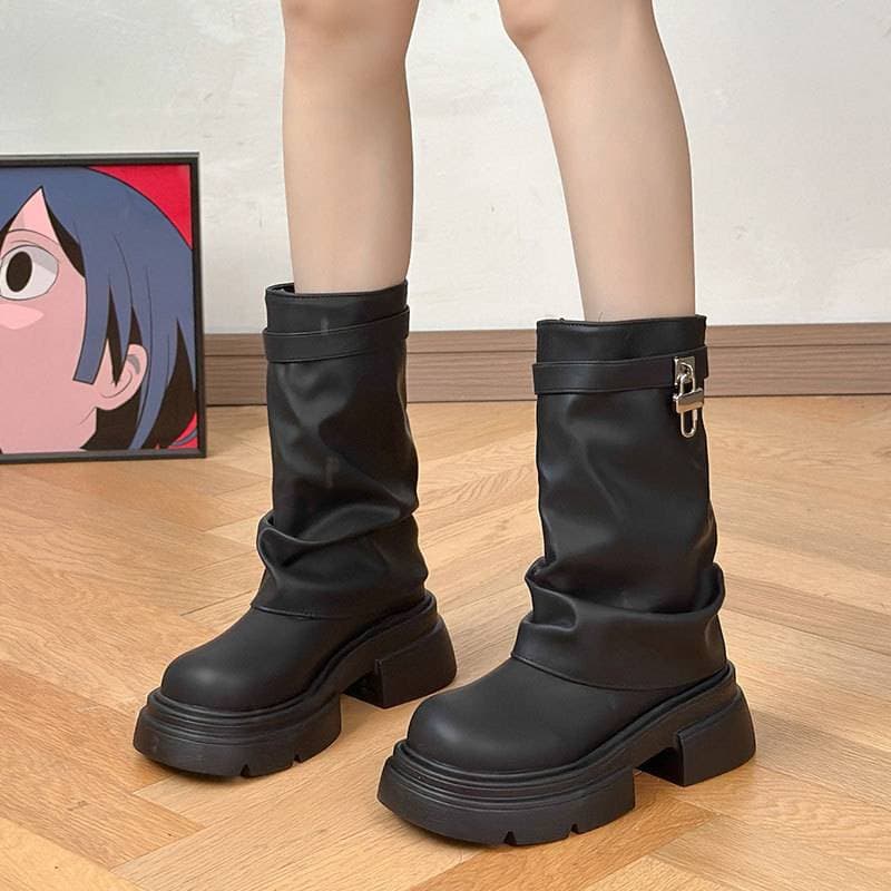 Leather boots network red short boots ladies 2024 new boots casual style retro 100 thick bottom trousers boots mid-calf boots
