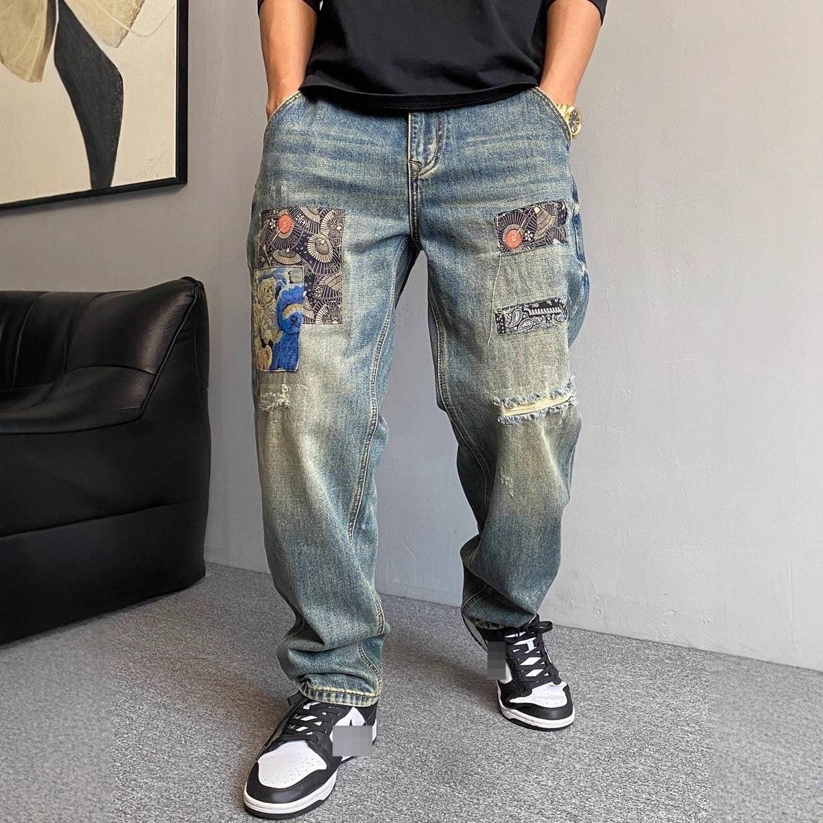 Men's Heavyweight Ripped And Patched Casual Jeans Straight Leg Loose Fit Mid Waist Long Pants With Slight Stretch For Autumn Fashion