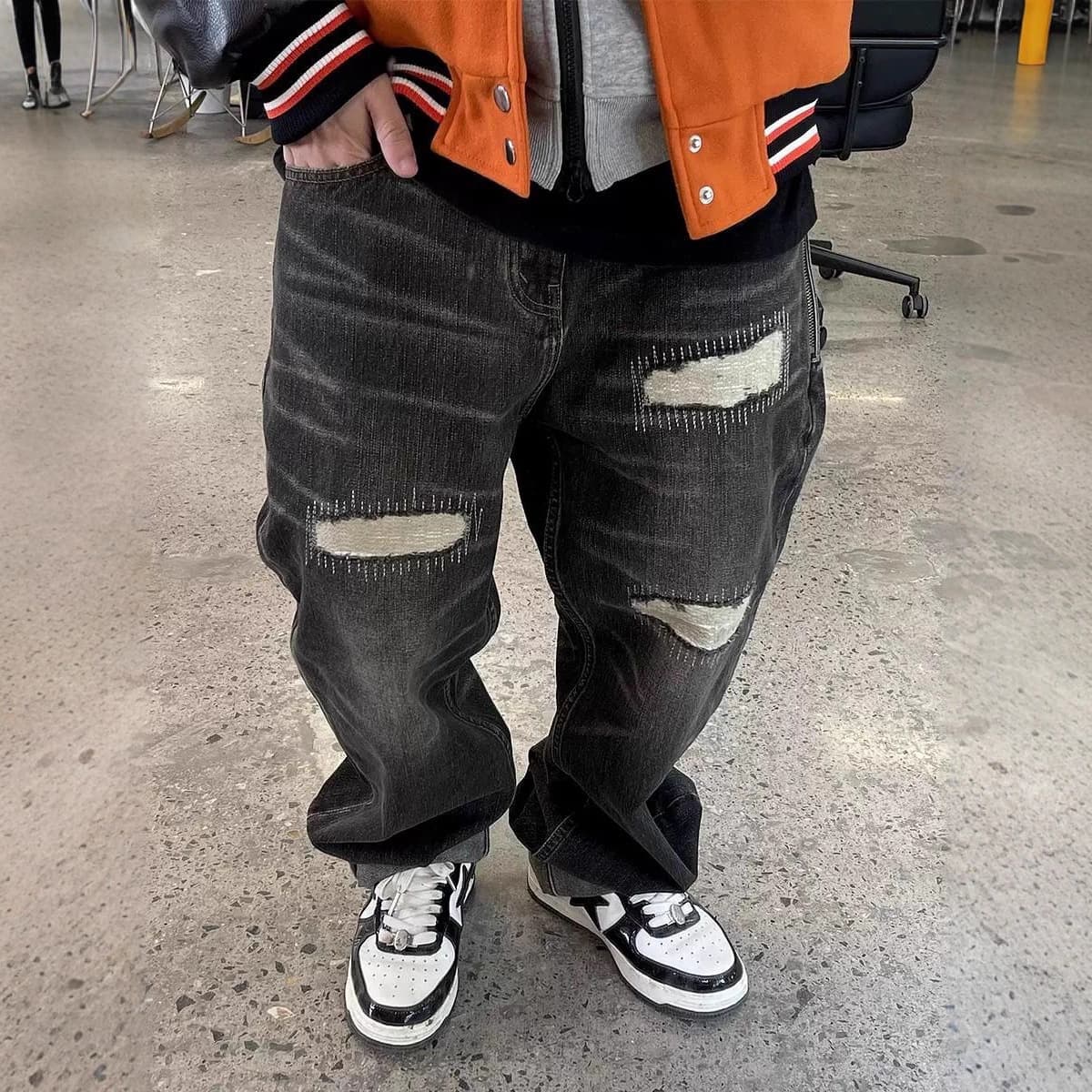 Men's Clothing Men's Loose Fit Ripped Patchwork Black Straight Leg Jeans Heavy Washed Autumn Winter Street Style Loose Fit Pants