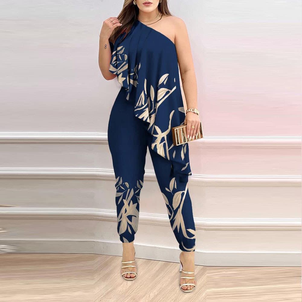 Women's clothing new fashion printed one-shoulder ruffle jumpsuit