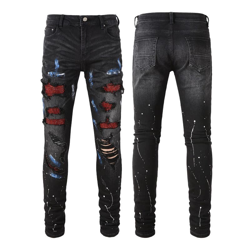 Men's Clothing High street fashion brand jeans black ripped patch red diamond stretch retro pants