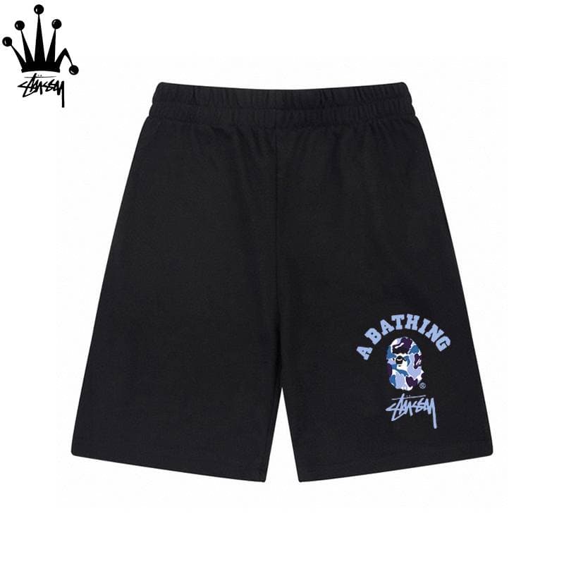Stussy&BAPE Collaboration Monkey Head Pattern Letter Print Loose, Casual, Comfortable And Versatile Pure Cotton Shorts For Both Men And Women