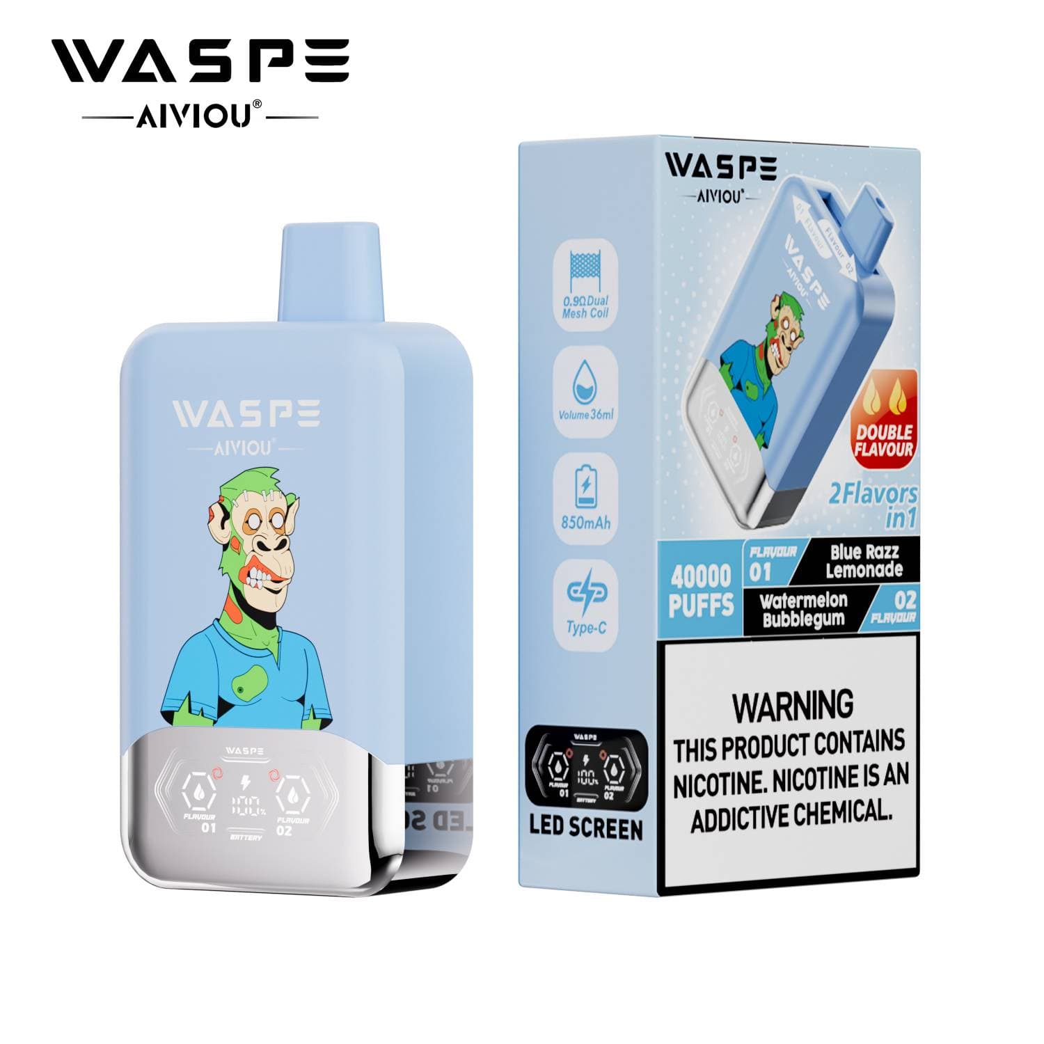 Waspe Double Saveur 40 000 bouffées 40k Entrepôt UE Cigarette électronique jetable 2 en 1 Boîte de bouffées Vapotage avec deux saveurs Double c