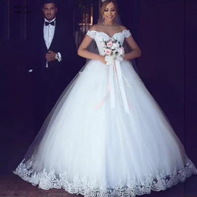 Women's European white wedding dress lace applique prom one-shoulder bridal dress mid-waist strappy wedding dress Bridal Wear