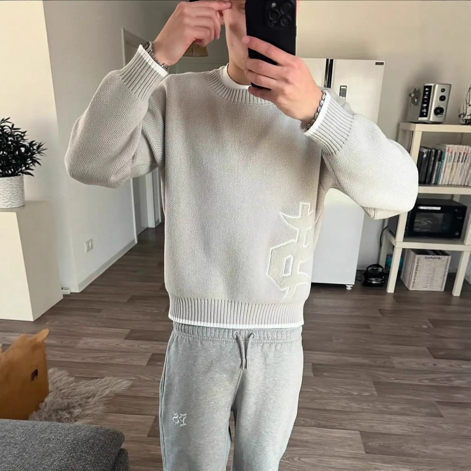 ​​Men's Jacquard Knit Sweater – High Street Embroidery Design, Loose Fit Round Neck Pullover (Gray, S-XXL)​​