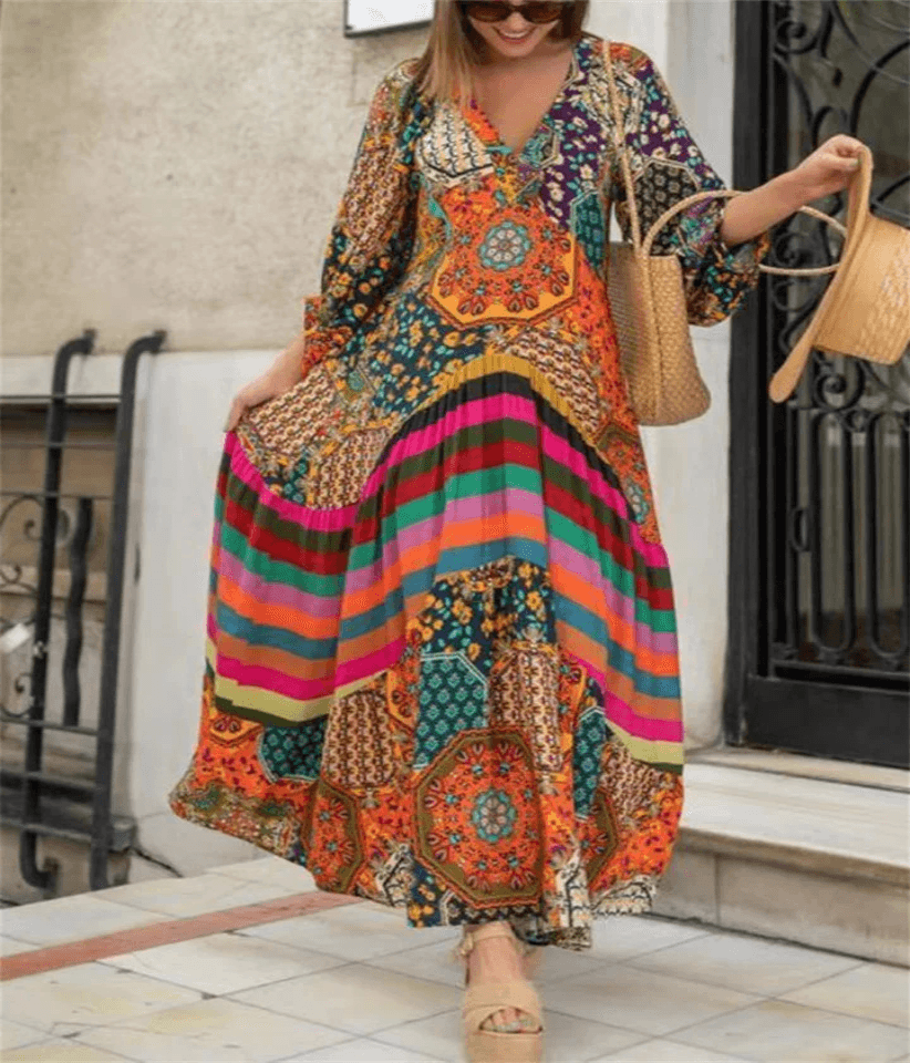 2023 cross-border positioning printed large swing extra long ethnic style dress women's pleated summer new temperament long skirt in stock