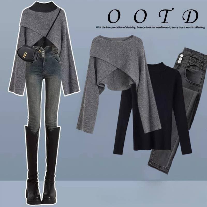 Women's Clothing Winter Gentle Outfit For Women New Fashion Bottoming Shirt Temperament Versatile Sweater Jeans Three Piece Suit