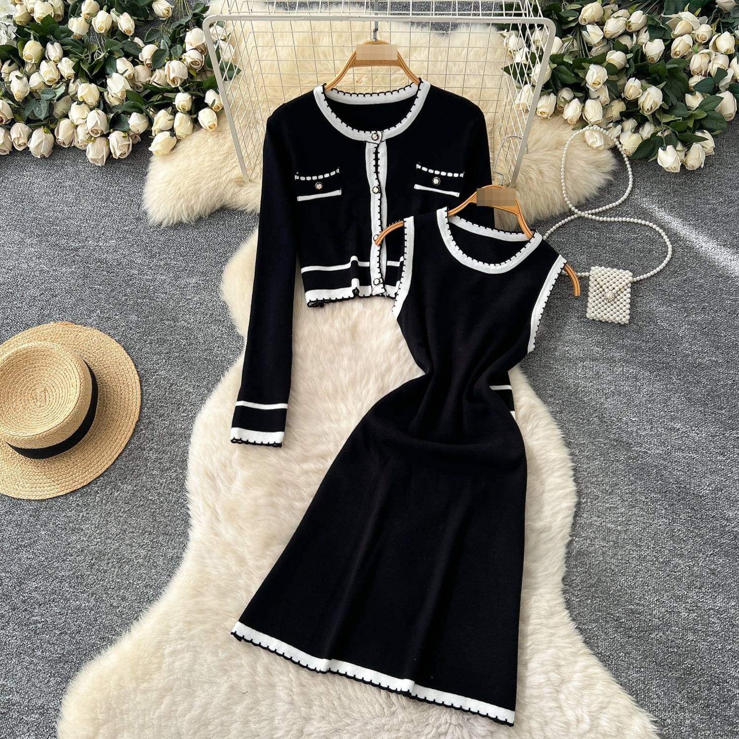 Elegant Two-Piece Knit Set For Women - Chic Round Neck Long Sleeve Cardigan & Sleeveless Pencil Dress (Beige/Black, One Size)​