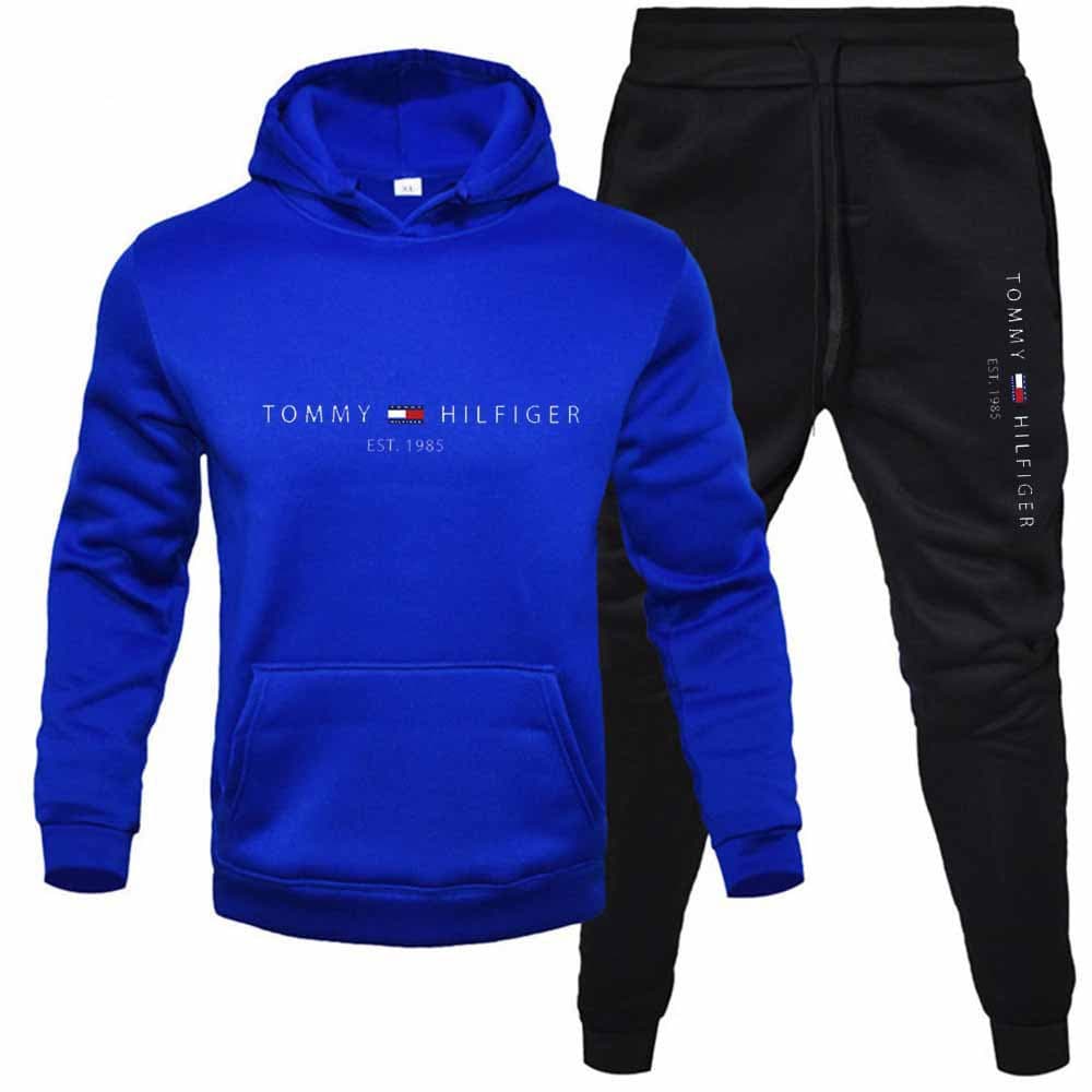 PQ Automne Hiver Hommes Pull Plus Polaire À Capuche Costume Imprimé Couleur Unie Pull Sport Ensemble 2 Pièces