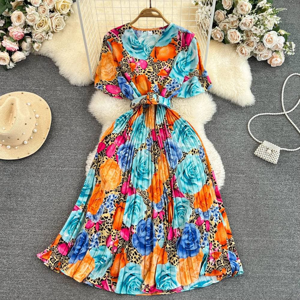 Women's Clothing Summer Light Mature Style Retro Temperament Short Sleeved V Neck Waist Slimming Mid Length A Line Printed Pleated Dress