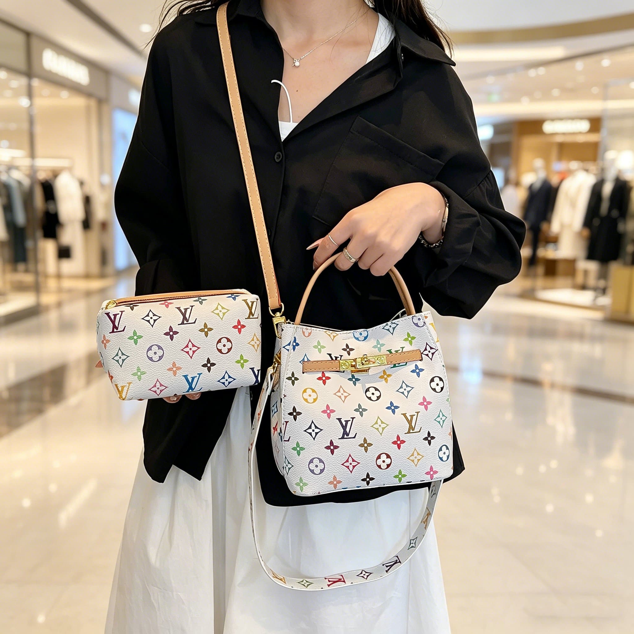 Sac bandoulière mini seau pour femme, monogramme vintage, fermoir renforcé, cuir résistant, avec pochette amovible et 2 bandoulières détachables