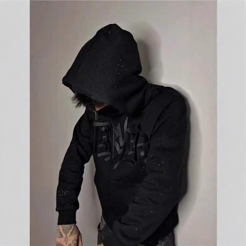 Gothic Embroidered Hoodie – Oversized Unisex Zip-Up Sweatshirt With Rhinestone Detailing (Dark Academia, Heavyweight Fleece Lining)